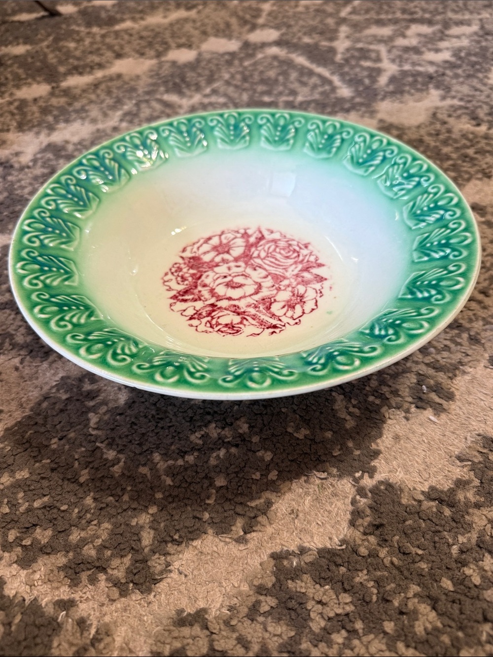 Vintage 1930s-1950s transferware Leaf relief mint green boarder pink bowl